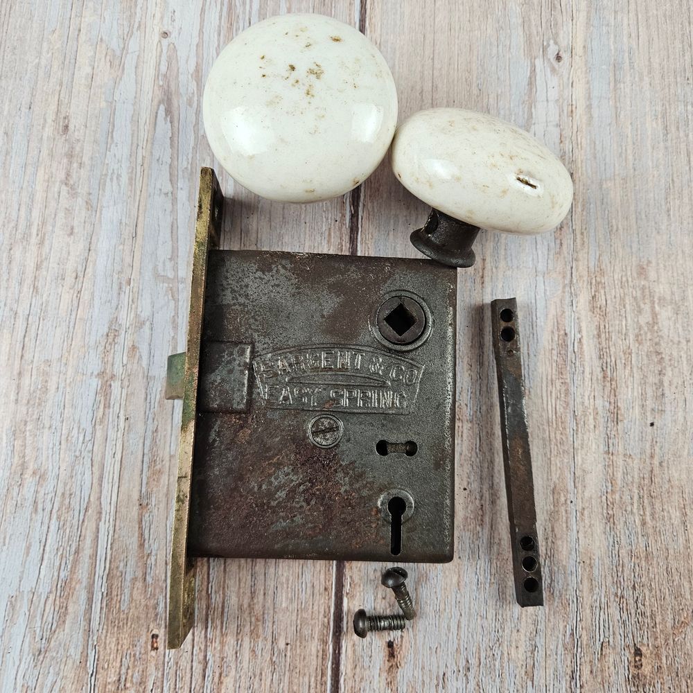 Sargent & Co Easy Spring brass door lock with porcelain‎ knobs 1881 vintage